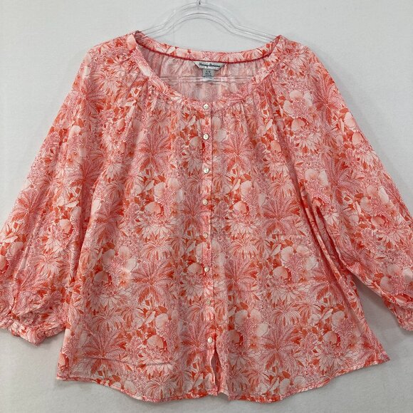 Tommy Bahama Large Red White Floral Puff Sleeve Button Down Blouse Feminine - Picture 1 of 11